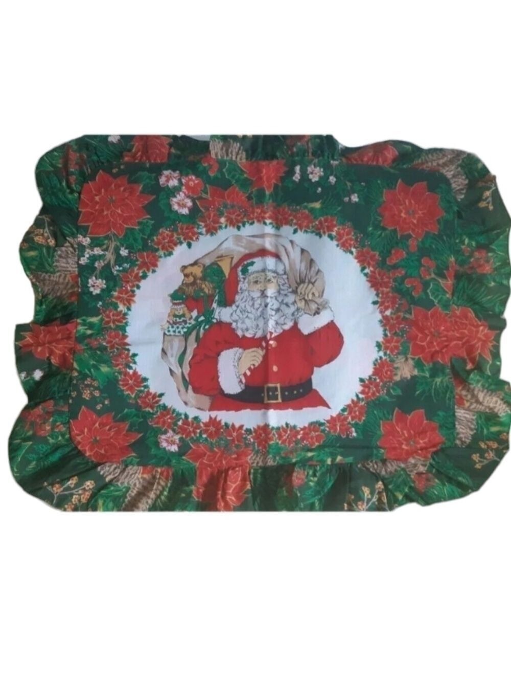VTG SANTA CLAUS Christmas toy sack poinsettia ruffle pillow sham standard USA